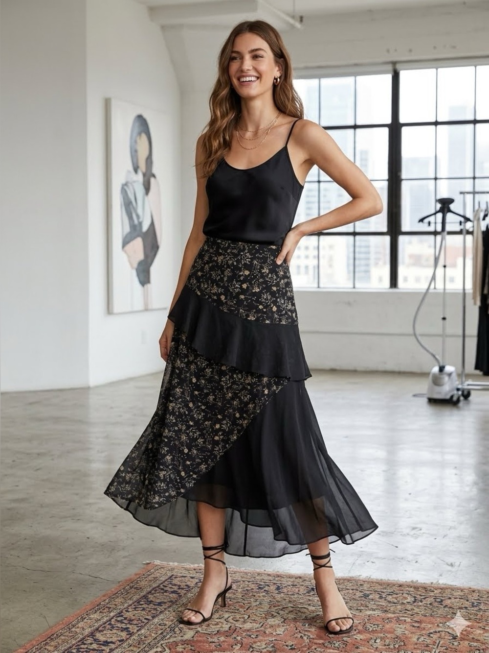 Lea & Viola Asymmetrical Tiered Ruffle Floral Print Midi Boho Skirt Size XS